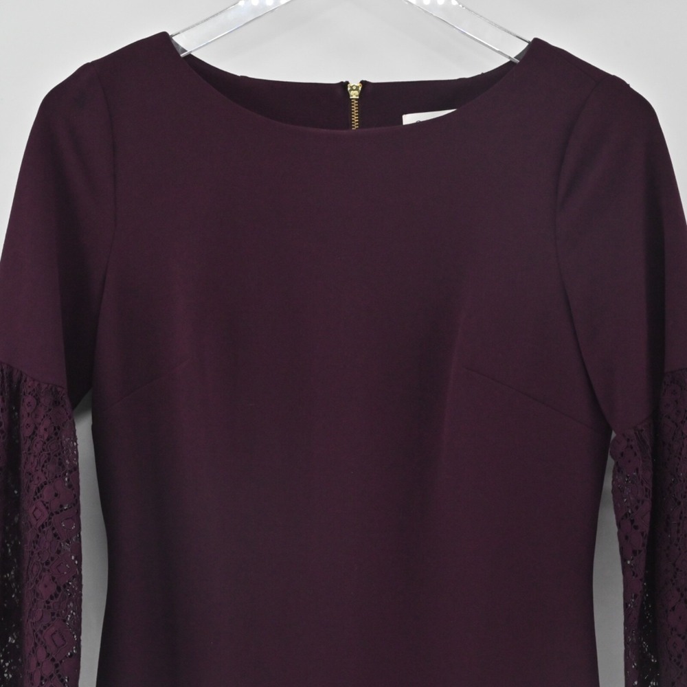 Calvin Klein Burgundy Sheath Dress Size 4 Lace Bell Sleeve Sheath Moody Romantic - Picture 10 of 14